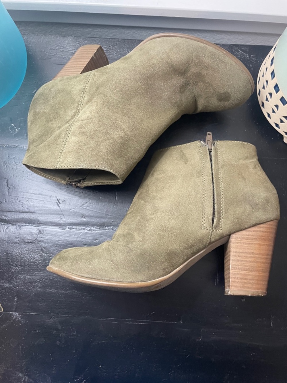 Old Navy Olive Suede Ankle Booties with Stacked Heel - Picture 6 of 7